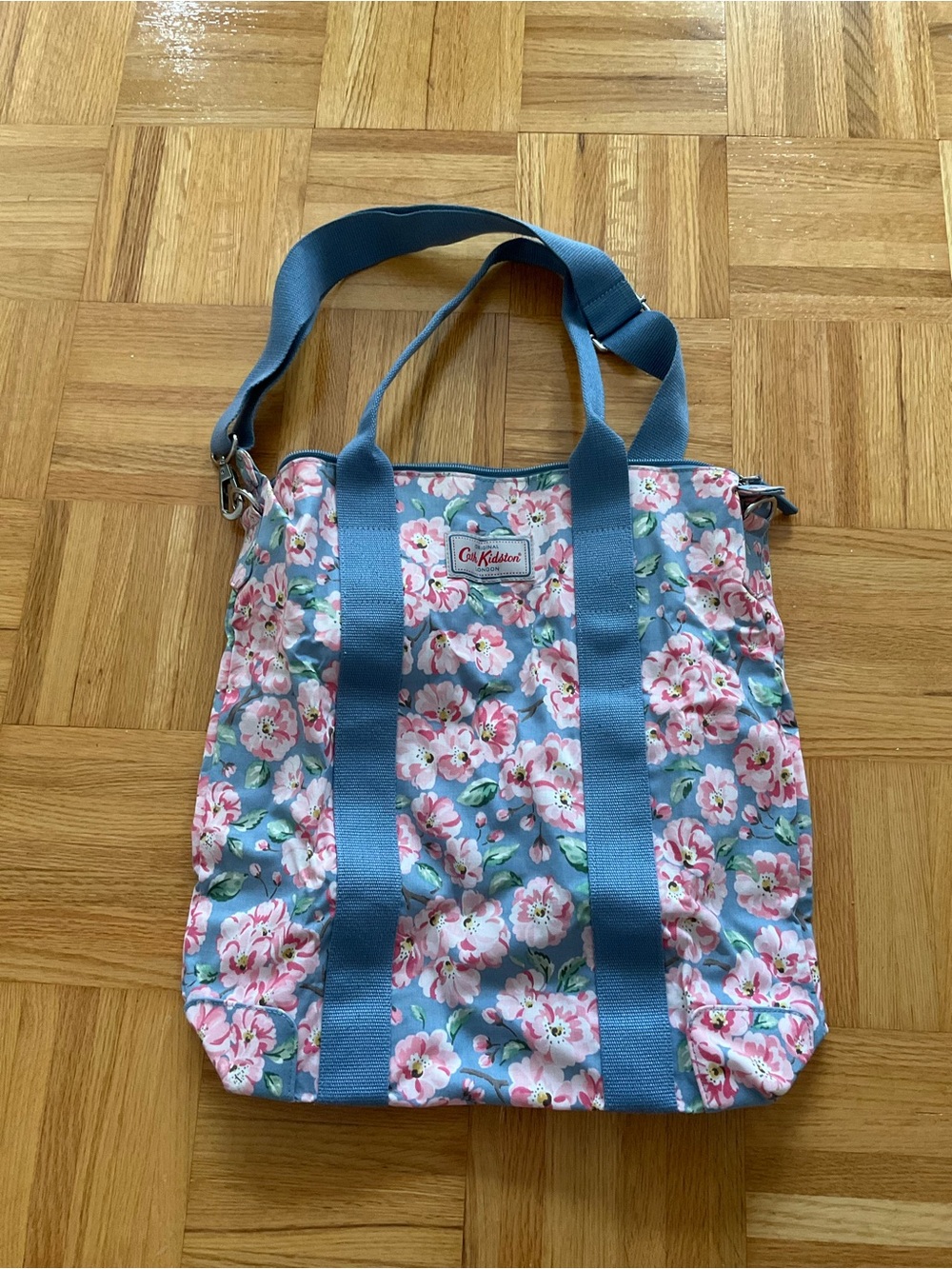 Cath Kidston Blue Floral W/ Pink Blossoms Foldaway Slim Shoulder Bag/Tote - BNWT